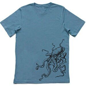Men's Octopus Tshirt NEW hand screenprinted Steel Blue Cotton